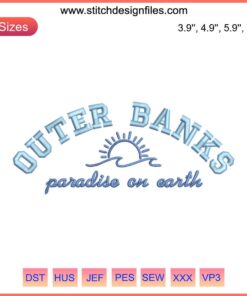 Aesthetic Outer Banks machine embroidery design featuring paradise ocean waves, sunset, and palm trees.