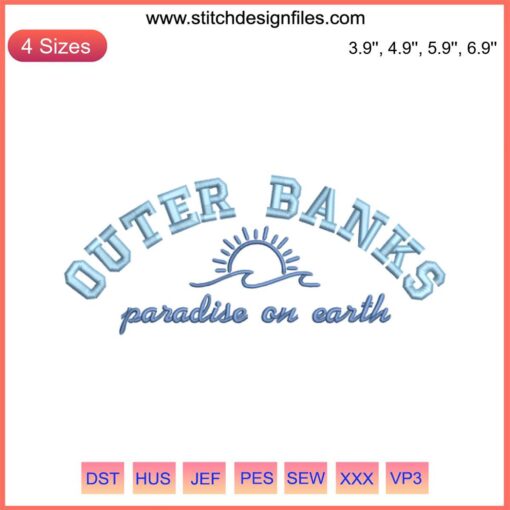 Aesthetic Outer Banks machine embroidery design featuring paradise ocean waves, sunset, and palm trees.