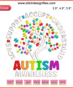 Colorful Autism Awareness Tree Embroidery featuring "Love Accept Support Autistic" text in a machine design.