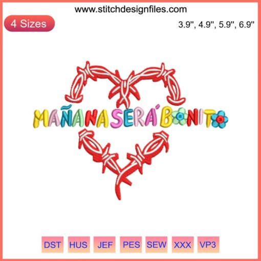 Colorful embroidery reading "Mañana Será Bonito" with floral patterns, symbolizing Karol G's women empowerment theme.