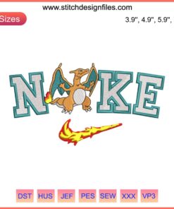 Charizard Swoosh Anime Design - Nike Charizard Pokemon Embroidery File, vibrant detailed Charizard silhouette and Nike logo.