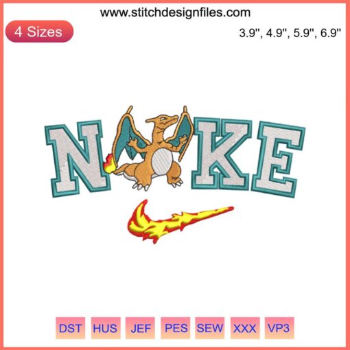 Charizard Swoosh Anime Design - Nike Charizard Pokemon Embroidery File, vibrant detailed Charizard silhouette and Nike logo.