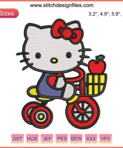 Hello Kitty Picnic Embroidery Design: Adorable Kitty on Bike with Basket, Ideal for Kids' Cute Picnic Gifts