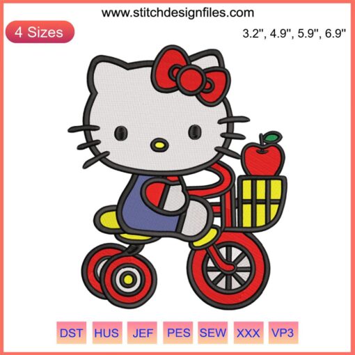 Hello Kitty Picnic Embroidery Design: Adorable Kitty on Bike with Basket, Ideal for Kids' Cute Picnic Gifts