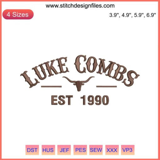 Vintage Luke Combs Est. 1990 Embroidery File, Bull Skull Design, Digital Download, Country Music Embroidery Pattern