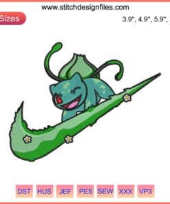 Bulbasaur Logo Nike Embroidery Swoosh Anime Design File, featuring unique Pokemon-inspired logo with Nike swoosh.