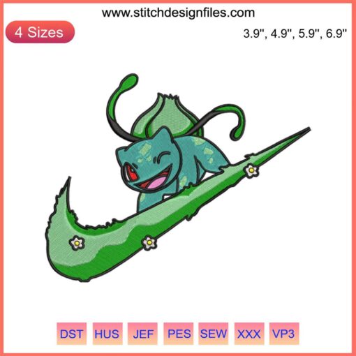 Bulbasaur Logo Nike Embroidery Swoosh Anime Design File, featuring unique Pokemon-inspired logo with Nike swoosh.
