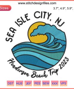Colorful "Henderson Beach Trip 2023" embroidery design featuring a sunny beach scene, perfect for summer vacation group projects.