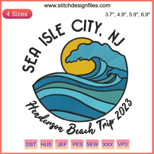 Colorful "Henderson Beach Trip 2023" embroidery design featuring a sunny beach scene, perfect for summer vacation group projects.