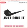 "Just Ride It Nike Horse Racing Logo Embroidery Design File | Machine Embroidery | Horse Silhouette | Sports Themed Artwork"