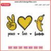 Colorful "Peace Love Bananas" embroidery design featuring a vibrant banana graphic perfect for fruit enthusiasts and embroidery fans.