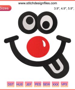 Smiley face red nose embroidery design, perfect for Red Nose Day; cheerful, festive machine pattern.