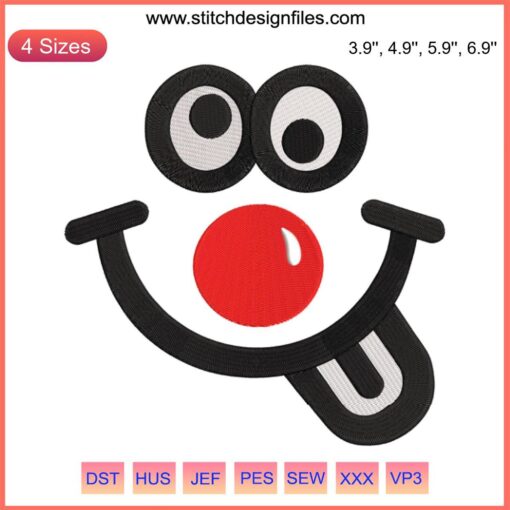 Smiley face red nose embroidery design, perfect for Red Nose Day; cheerful, festive machine pattern.