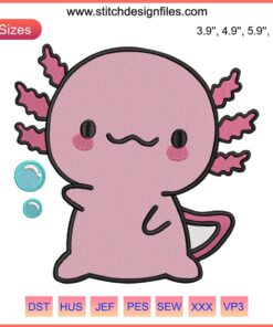 Kawaii pink axolotl embroidery design file, cute axolotl salamander, machine embroidery pattern, digital download.