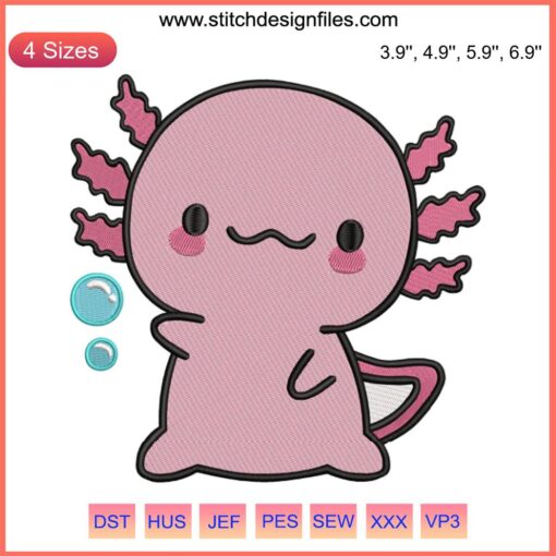 Kawaii pink axolotl embroidery design file, cute axolotl salamander, machine embroidery pattern, digital download.