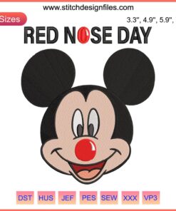 Mickey Mouse with a Red Nose Day themed embroidery, featuring Disney characters Mickey and Minnie in vibrant machine embroidery design.