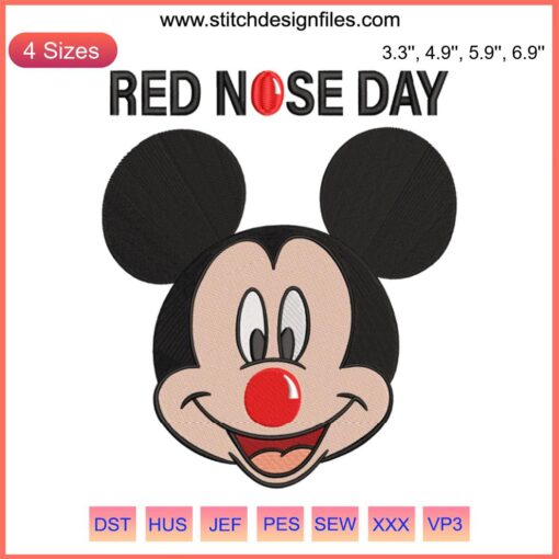 Mickey Mouse with a Red Nose Day themed embroidery, featuring Disney characters Mickey and Minnie in vibrant machine embroidery design.