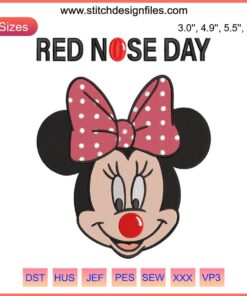 Minnie Mouse with red nose embroidery design file, Red Nose Day themed, Disney machine embroidery pattern featuring Minnie and Mickey.