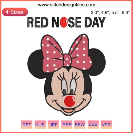 Minnie Mouse with red nose embroidery design file, Red Nose Day themed, Disney machine embroidery pattern featuring Minnie and Mickey.