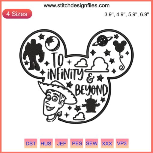 Mickey Toy Story Disneyworld Embroidery Design: "To Infinity and Beyond" Machine File, featuring iconic Disney characters.