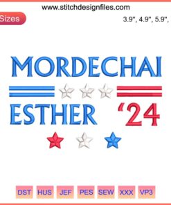 Queen Esther Mordechai 2024 Embroidery: Purim-themed presidential election machine design with intricate patterns.
