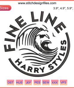 Embroidery design featuring Harry Styles' "Fine Line" with musical notes, perfect for fans and DIY crafters.