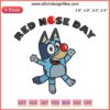 Bluey Heeler Red Nose Day Embroidery Design: Bluey & Bingo with red noses, celebrating in vibrant colors for machine embroidery.