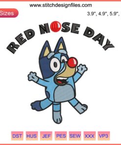 Bluey Heeler Red Nose Day Embroidery Design: Bluey & Bingo with red noses, celebrating in vibrant colors for machine embroidery.