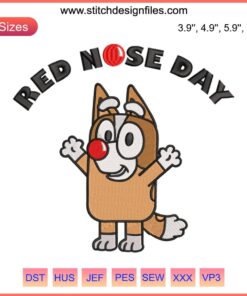 Bluey Bingo Red Nose Day Embroidery: Cute Bingo Heeler with red nose; ideal for machine embroidery designs.