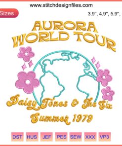 Aurora World Tour 2023 Embroidery Design: Daisy Jones & The Six - Intricate band-themed pattern for fans, DIY projects, crafting.