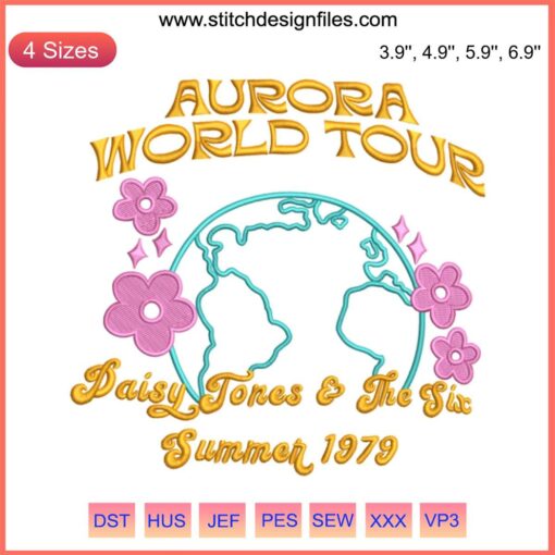 Aurora World Tour 2023 Embroidery Design: Daisy Jones & The Six - Intricate band-themed pattern for fans, DIY projects, crafting.
