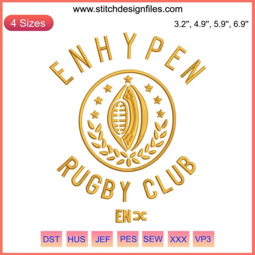 Enhypen Rugby Club Embroidery design featuring rugby ball and team motif, perfect for sports-themed digital files.