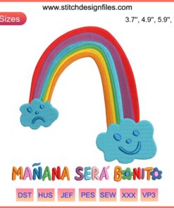 Colorful rainbow embroidery design with "Karol G Manana Sera Bonito" text; trendy music-themed digital file.