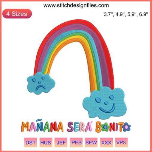 Colorful rainbow embroidery design with "Karol G Manana Sera Bonito" text; trendy music-themed digital file.
