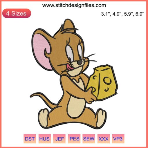 Jerry Mouse Embroidery Design with Cheese | Cartoon Stitching Pattern | Cute Mouse Machine Embroidery | Kids' Fabric Art