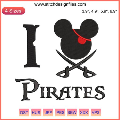 Disney's Pirates Crew Mickey Embroidery Design, featuring pirate Mickey Mouse with "I Love Pirates" detail.