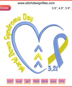 Blue Yellow Ribbon Embroidery Design for Down Syndrome Awareness | Digital Machine File