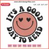 "It’s A Good Day To Read Smile Embroidery | Book Lover Teacher Design, machine embroidery with book and smiley face motif."