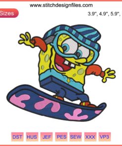 SpongeBob skiing embroidery design, themed Christmas gift, funny SpongeBob SquarePants skiing digital file.