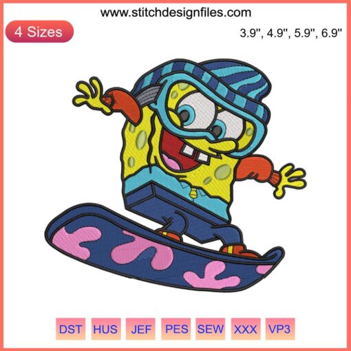 SpongeBob skiing embroidery design, themed Christmas gift, funny SpongeBob SquarePants skiing digital file.
