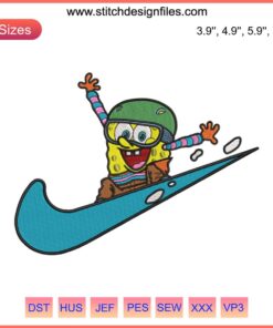 SpongeBob skiing Nike embroidery design file, featuring funny SpongeBob SquarePants in action, perfect for custom apparel.