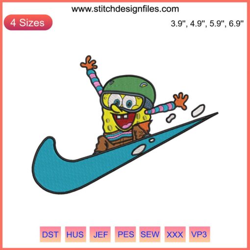 SpongeBob skiing Nike embroidery design file, featuring funny SpongeBob SquarePants in action, perfect for custom apparel.