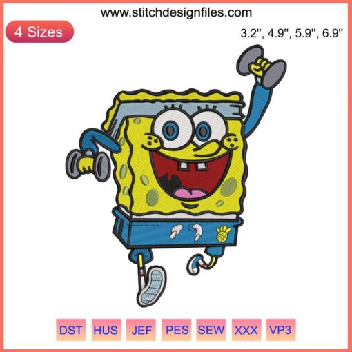 Spongebob Gym Embroidery Design: Cartoon gym lover with weights, perfect for fitness enthusiasts and embroidery projects.