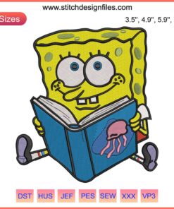Spongebob embroidery design, cartoon reading book, perfect gift for book lovers. Digital file download for embroidery projects.