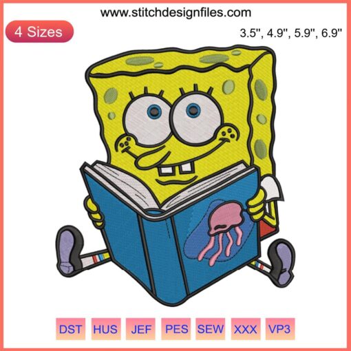Spongebob embroidery design, cartoon reading book, perfect gift for book lovers. Digital file download for embroidery projects.