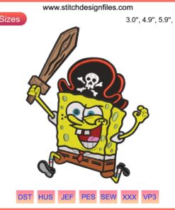Spongebob Pirate Embroidery Design: Quirky Caribbean Theme, Perfect for Nautical Crafts, Spongebob Fan Apparel.