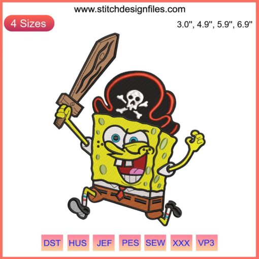 Spongebob Pirate Embroidery Design: Quirky Caribbean Theme, Perfect for Nautical Crafts, Spongebob Fan Apparel.