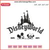 Mickey and Minnie embroidery design, Disney World Est 1971, black thread, machine embroidery, classic Disney art.