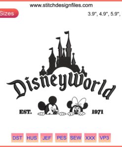 Mickey and Minnie embroidery design, Disney World Est 1971, black thread, machine embroidery, classic Disney art.