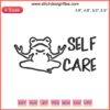 Green frog in lotus pose, yoga mat, embroidered, humorous self-care, meditation design, playful, cute animal embroidery art.
